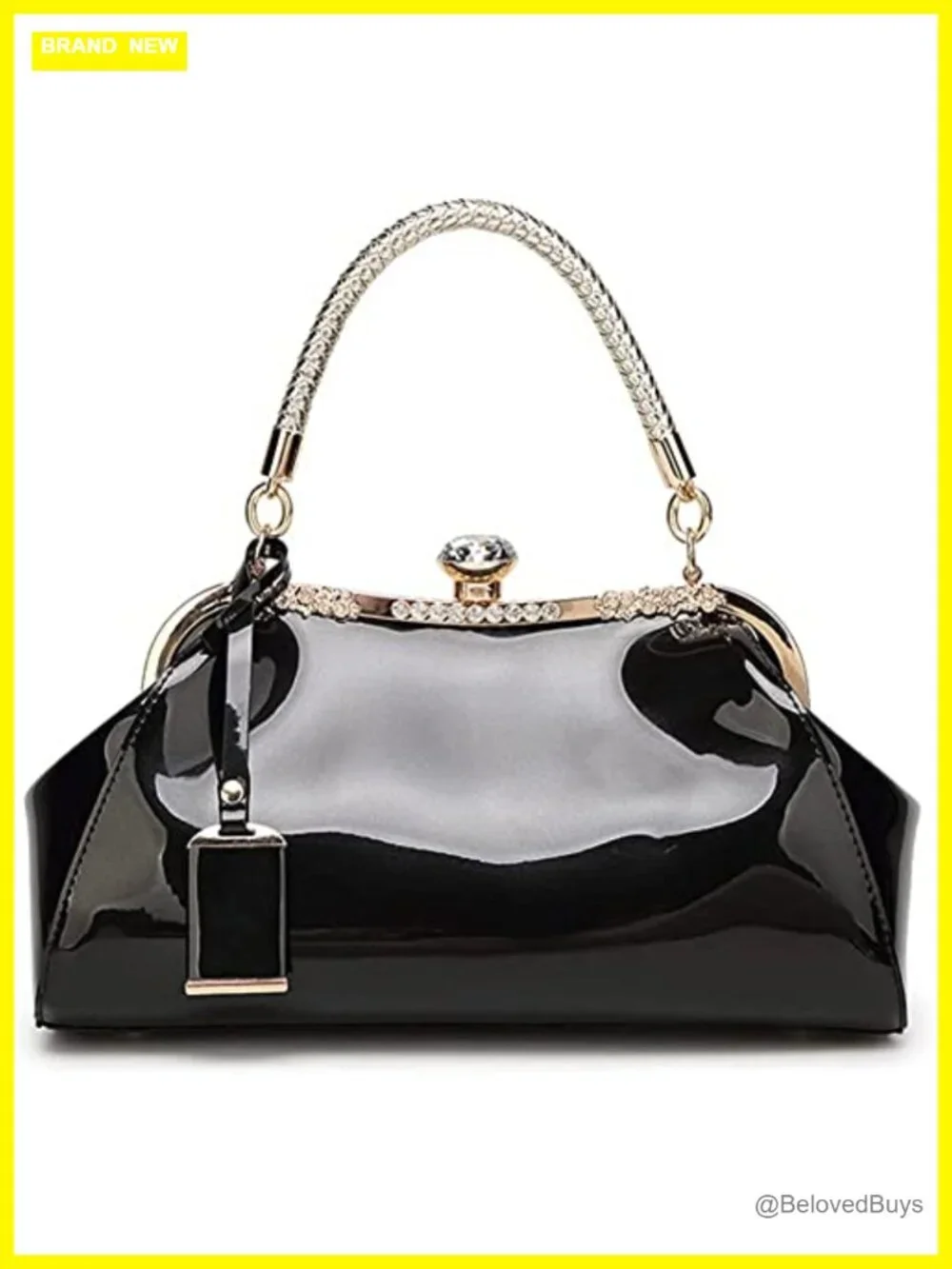Women's Glossy Faux Patent Leather Top Handle Satchel Handbag with Crystal,